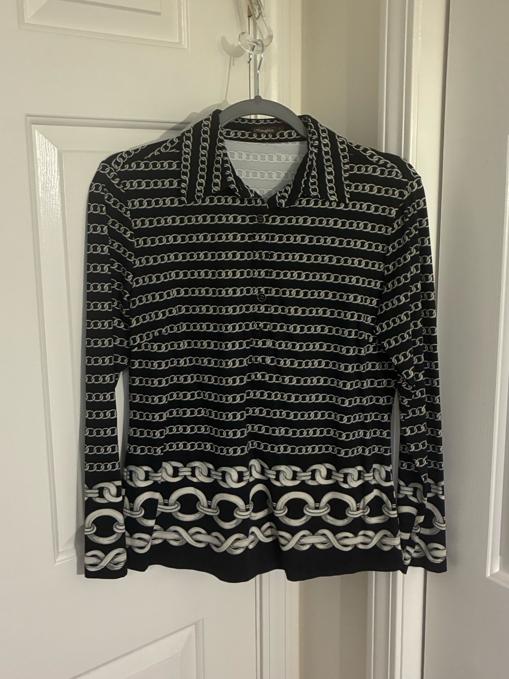 J. McLaughlin Black and White Chain-Print Long Sleeve Top